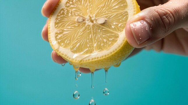 A extreme macro close-up of a human hand squeezing a fresh half lemon, with golden juice droplets streaming down from the juicy pulp against a vibrant solid blue background with copy space.