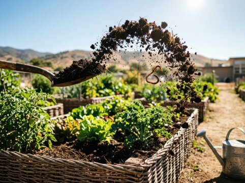 Gardening soil tossed from a spade over raised beds in a sunny vegetable garden
