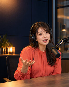 Young Japanese Woman Speaking in a Podcast Studio