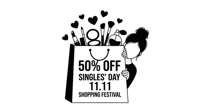Flat vector illustration of a minimalist shopping bag filled with makeup and beauty products for 11.11 Singles Day shopping festival sale, featuring a woman peeking from behind the bag.