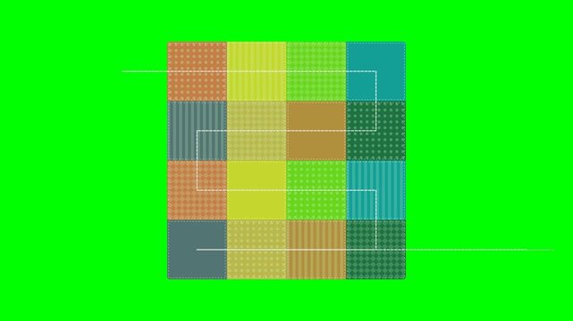 Colorful Geometric Patchwork Quilt Sewing Animation with Moving Needle on Green Screen