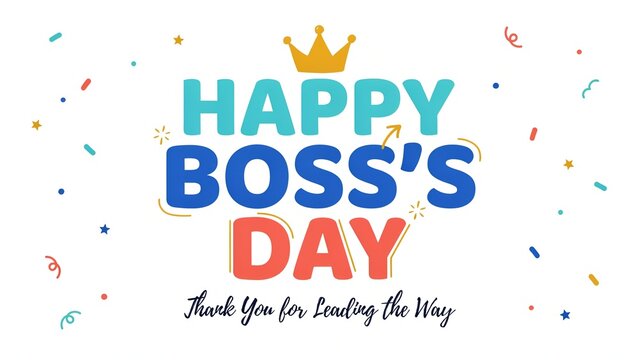 Happy Boss Day celebration typography banner, colorful Bosses Day greeting design with crown, corporate leadership appreciation card background