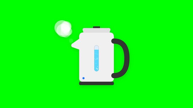 Modern Electric Kettle Boiling Water with Rising Steam and Bubbles on Chroma Key Green
