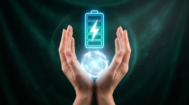 Human hands cradling a luminous energy orb with a bright battery icon, symbolizing sustainable power, technological advancement, and future charging solutions