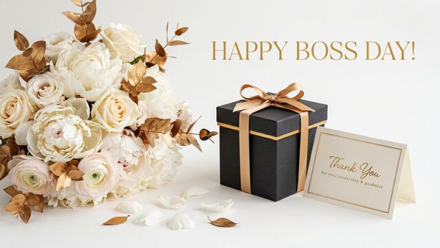 Elegant Boss Day greeting banner with flowers and gift box, luxury thank you card display, corporate appreciation event background
