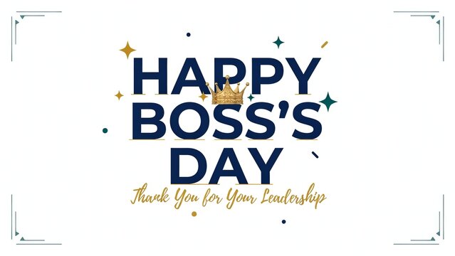Happy Boss's Day greeting card with gold crown, corporate leadership thank you banner, elegant executive appreciation typography