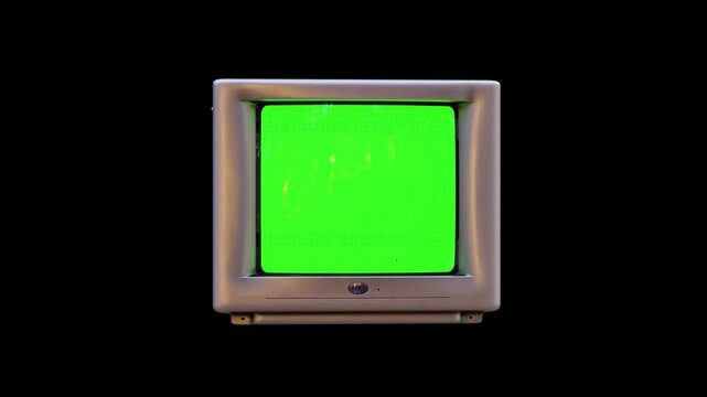 Retro CRT TV Turning On To Static Noise And Switching To Green Screen. 3d animation. televisions on black background. 4K