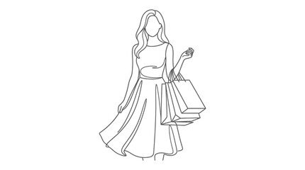 Fototapeta premium Minimalist Continuous Line Art Drawing of a Stylish Woman Carrying Multiple Shopping Bags and Wearing an Elegant Summer Dress, Modern Vector Illustration for Fashion, Retail, and Lifestyle Concepts