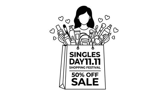 Flat vector monochrome illustration of a woman with a shopping bag full of cosmetics and beauty products for the Singles Day 11.11 shopping festival sale event with heart icons.