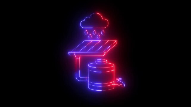 Neon rainwater harvesting system sustainable water conservation concept, eco-friendly infrastructure glowing blue and red line animation