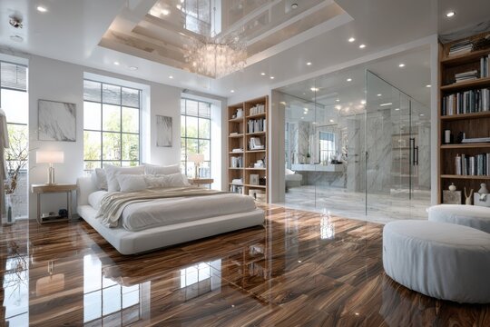 Modern bedroom with elegant decor and a spacious bathroom in a stylish residential space