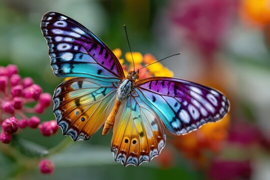 Colorful Butterfly with Open Wings on Flowers
