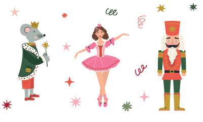 Obraz premium Cute Nutcracker ballet fairytale characters set with ballerina princess mouse king and stars