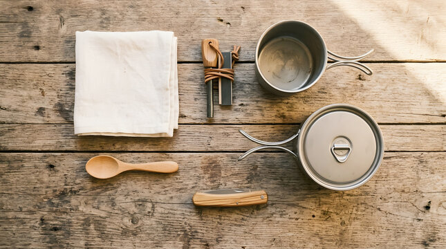 Camping cooking gear with metal pots and wooden spoon on a rustic wooden table with copy space