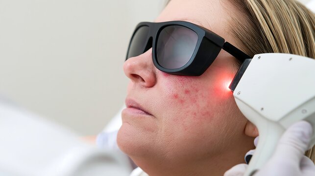 Close-up of IPL treatment on a woman's visibly red cheek with protective eyewear, rosacea and facial redness concept for dermatology clinics and cosmetic skin care
