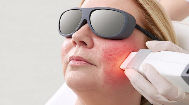 Woman with visible red spots and facial redness receives IPL treatment on her cheek, rosacea care concept for dermatology, cosmetic clinics and light-based skin therapy