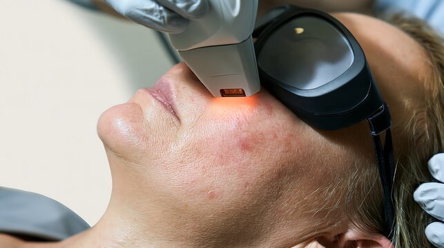 IPL treatment applied to facial redness on a woman wearing protective eyewear, dermatology procedure concept for rosacea care, skin clinics and cosmetic medicine