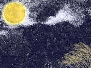 横長・テラコッタ風ざらざら質感の夜空と満月・ススキの背景素材 © KEMONO