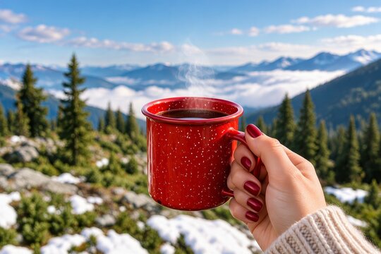 A steaming red mug held by a woman against a breathtaking mountain landscape, with evergreen trees, snowy ground, and blue skies creating serene vibes.