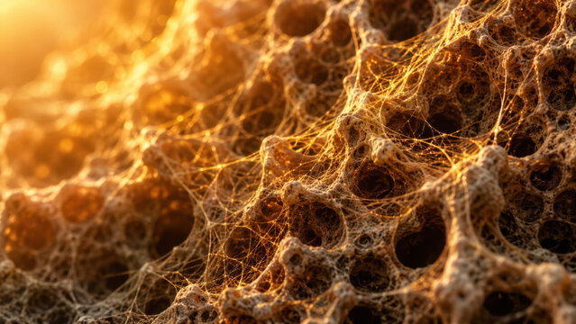 Golden abstract texture with glowing spider web fibers and porous coral surface illuminated in warm light creating natural organic art background