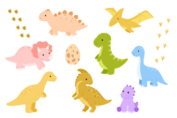 Cute cartoon dinosaur characters, flat vector colorful isolated illustrations set. Adorable baby dinos T-rex and triceratops for kids projects and childish nursery designs. © Elena