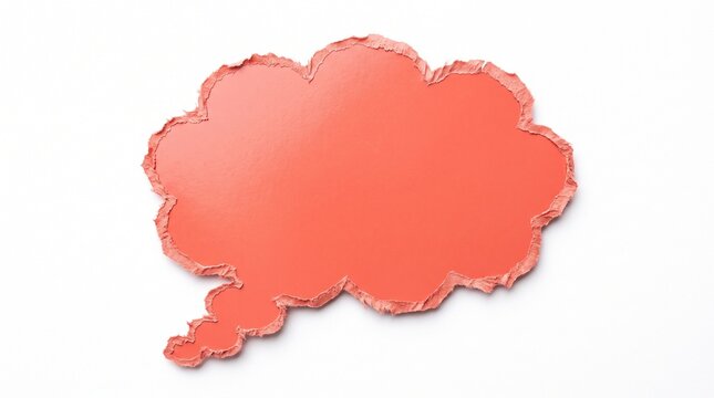 A coral red paper thought bubble with torn rough edges isolated on a clean white background for creative design communication text space