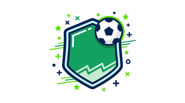Dynamic shield badge featuring a soccer ball and stylized graphics for sports branding emblem.