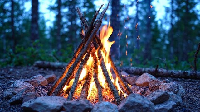Campfire burns among trees at a forest campsite, sending flames and sparks from a wood stack inside a stone fire ring. Outdoor camping and wilderness survival