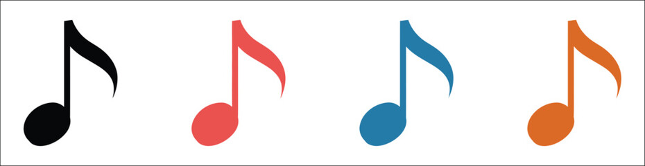 Obraz premium Set of musical eighth note icons in black, outline, blue, and orange colors, modern melody symbol for sound app design, isolated vector illustration.