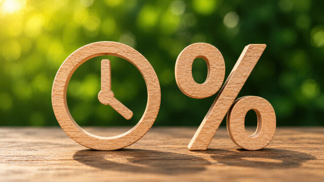 Wooden clock icon and percent symbol standing upright on table with blurred green foliage background in natural sunlight conveying time value of money concept