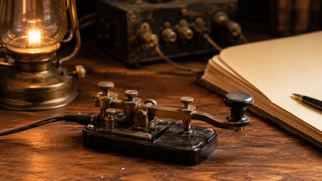 Vintage morse code telegraph key on wooden desk with old lamp and blank notebook historical communication equipment