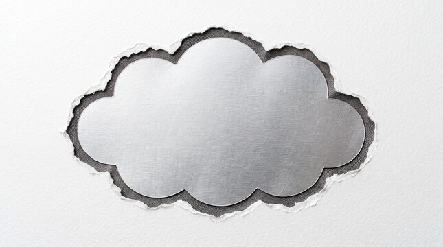 A silver metal thought cloud shape behind a torn white paper hole revealing a textured dark gray surface background for a creative banner