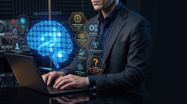 Artificial intelligence brain concept formed from glowing blue computer chips representing collective machine intelligence and advanced computing