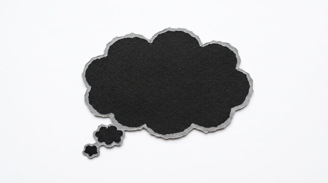 Black paper thought cloud cutout with rough torn edges isolated on white background for creative design communication and speech bubble