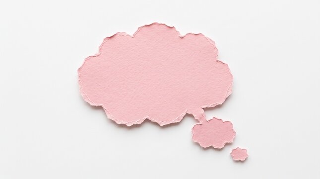 A pink thought cloud made of torn paper with rough edges positioned centrally on a clean white background for creative design communication.