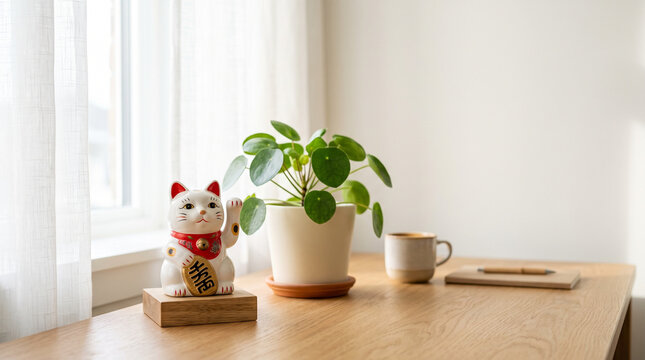 Maneki-neko statue, indoor plant, and coffee cup on wooden table  