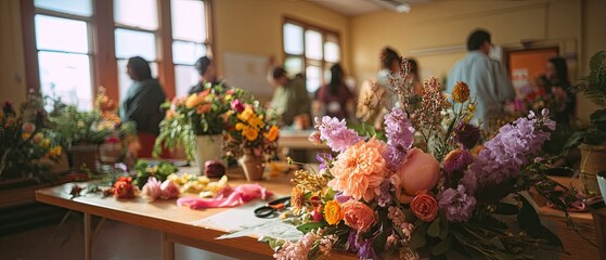 Fototapeta premium Floral arrangement features vibrant flowers in various colors on table. Background includes people engaged in flower design. Warm light enhances inviting atmosphere