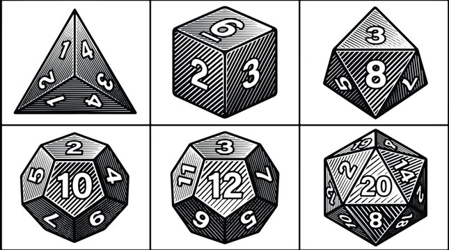 Dice set with various polyhedral shapes for tabletop role playing games, black and white