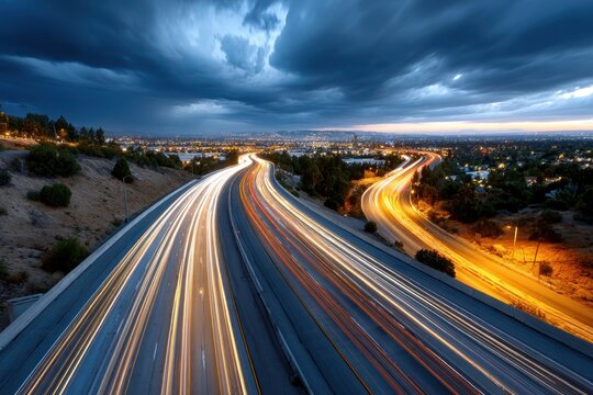 Freeway Light Trails Under Dramatic Evening Sky
