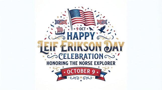 "HAPPY LEIF ERIKSON DAY" lettering, "9 OCT," the word "CELEBRATION," the line "HONORING THE NORSE EXPLORER," and a red banner reading "OCTOBER 9," accented with confetti, stars, a bird silhouette