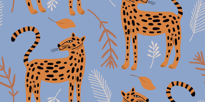 Illustrated Leopard and Botanical Blue Background