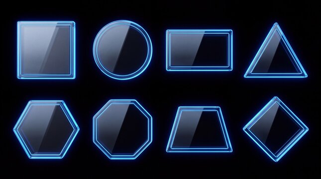 Blue neon geometric shape icons set including square circle and hexagon on dark background.