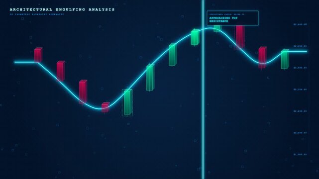 An 8-second seamless loop featuring an architectural blueprint aesthetic in 3D perspective, highlighting Bullish and Bearish Engulfing reversal patterns with clear sweeping curve height dynamics.