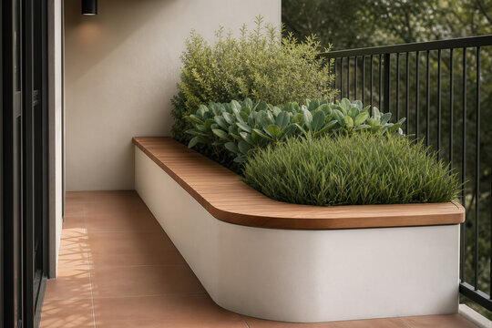 Jardini&egrave;re d&rsquo;habitat sur balcon avec assise int&eacute;gr&eacute;e