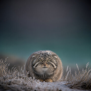 Chat de Pallas blotti dans les herbes hivernales