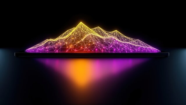 Abstract mountain landscape rendered using neon lines, dots. Dramatic lighting creates vibrant glow, dark background emphasizes form.