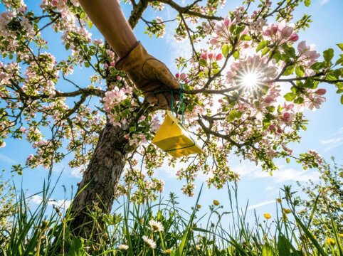 Orchard Pest Control with Sticky Trap in Spring Blossom