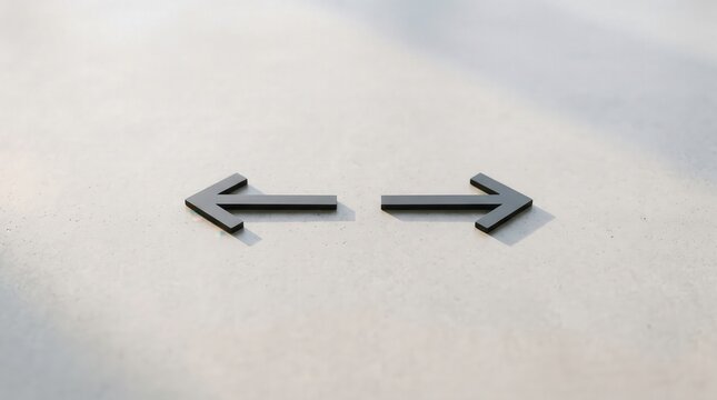 Arrows pointing away from each other suggest a separation or divergence on a clean textured surface.