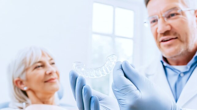 Dentist presents a clear mouth guard to an older patient during a dental consultation, suitable for bruxism treatment, teeth grinding prevention and senior oral health concepts