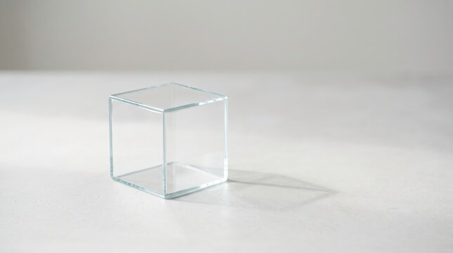 Glass cube rests on a smooth white surface, creating a sharp geometric shadow in this minimalist composition.